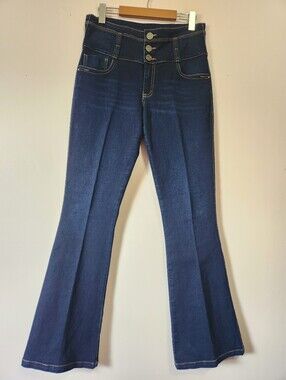 Monjeloco High Waist 3-Button Flare Jeans Levanta Cola Dark Wash Size 12 EUC